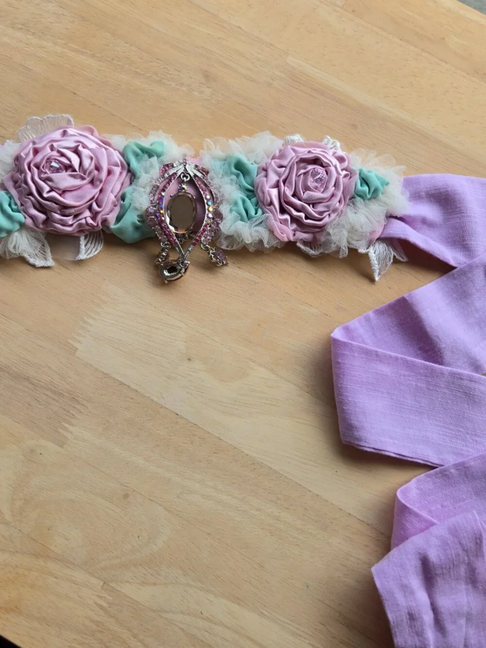 Handmade Light Pink Satin Rose and Crystal Sash Romantic Fairycore